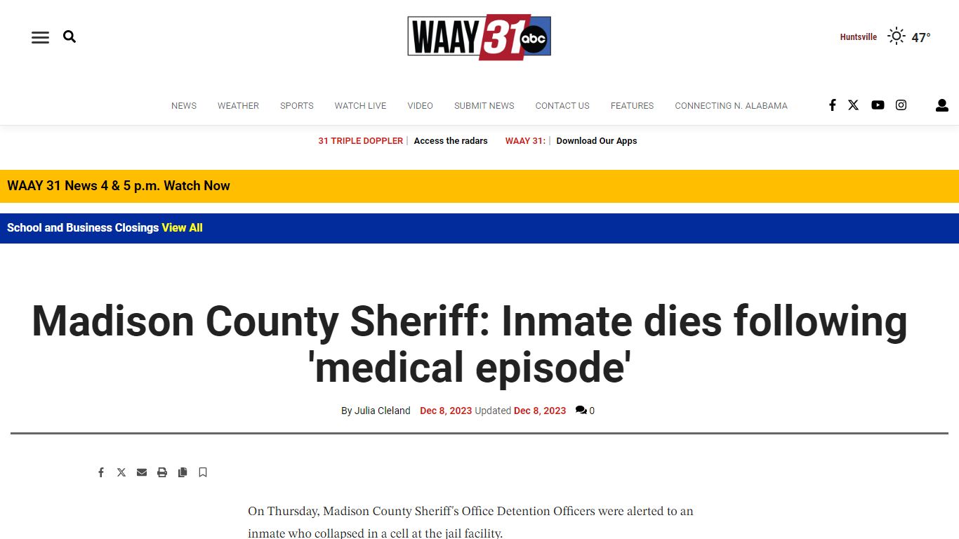 Madison County Sheriff: Inmate dies following 'medical episode'